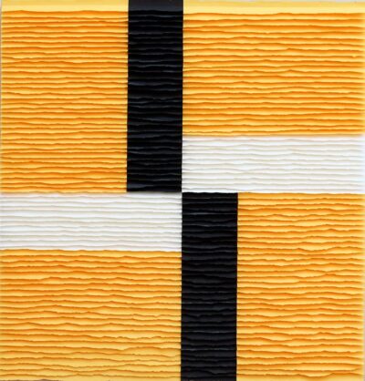 Je réserve l’œuvre de Fernando Daza - Structure en croix noire et blanche sur fond jaune
